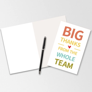 Detailed view of the team thank you card set with colorful BIG THANKS print and envelope