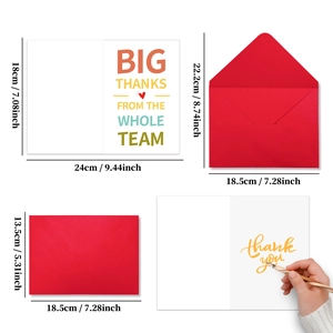 Detailed size specifications for team thank you card with red envelope and dimensions