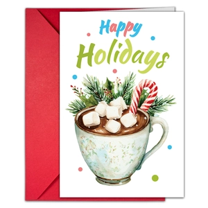 Détail d'une carte de Noël avec motif chocolat chaud Happy Holidays et enveloppe rouge