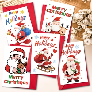Large Christmas Greeting Cards With Red Envelopes Cartoon Santa Claus Reindeer Watercolor Style Holiday Festival Message Postcards