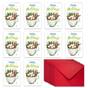 Détail du lot de 10 cartes de Noël avec aquarelle de chocolat chaud et enveloppes rouges