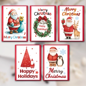 Lot de 5 cartes de vœux de Noël à l'aquarelle avec Père Noël et rennes avec enveloppes