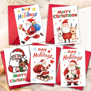 Cartoon Santa Claus Christmas card set with red envelopes on marble background