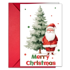 Vue détaillée de la carte de Noël aquarelle Père Noël avec son enveloppe rouge