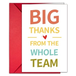 Detailed view of white team thank you card and red envelope with artistic typography