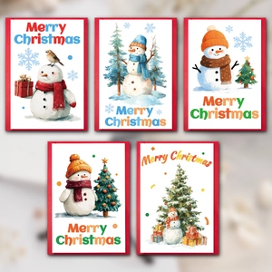 Set of 10 watercolor Christmas cards featuring cute snowmen and trees with envelopes