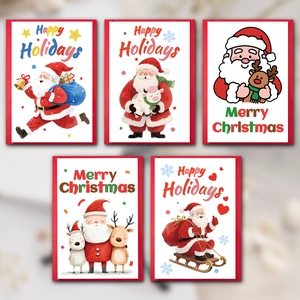 Set of large cartoon Santa Claus Christmas greeting cards with envelopes and festive designs