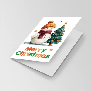Detail of Christmas card featuring watercolor snowman and tree with Merry Christmas text