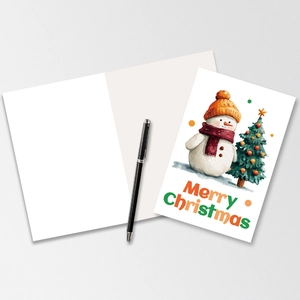Detail of Christmas greeting cards with watercolor snowman and Merry Christmas lettering