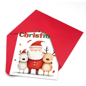 Detailed view of watercolor Santa Claus Christmas card set with a vibrant red envelope