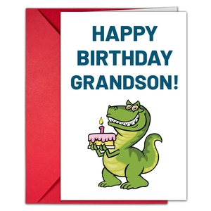 Dettaglio del biglietto per il 1° compleanno del nipote con dinosauro e busta rossa