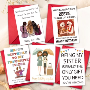 5-pack birthday greeting card set with red envelopes and artistic sisterhood illustrations