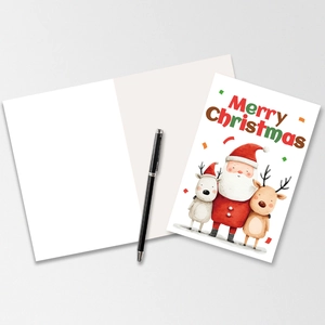 Close-up of Santa and reindeer watercolor Christmas card with envelope and black pen