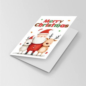 Detailed mockup of a watercolor Santa and reindeer Christmas card with Merry Christmas text