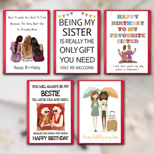 Set of 5 minimalist birthday greeting cards for sisters with warm hand-drawn illustrations