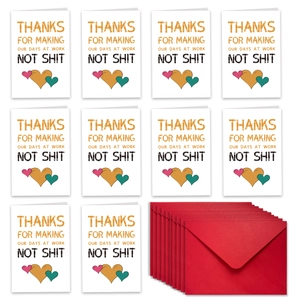 Macro detail of 10 workplace thank you cards with red envelopes for colleagues