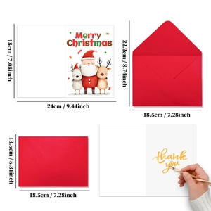 Detailed size chart of Santa Claus Christmas card set with red envelope dimensions
