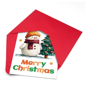 Detail of watercolor snowman Christmas card with a red envelope on a white background