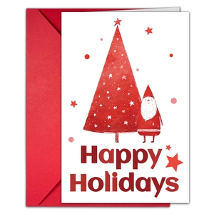 Vue à plat de la carte Happy Holidays avec sapin de Noël rouge et enveloppe rouge