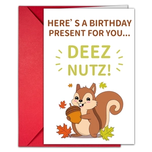 Biglietto di auguri creativo con scoiattolo divertente e busta rossa inclusa