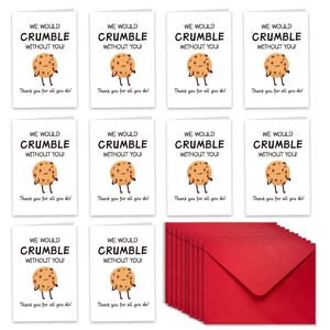Set of 10 white cards with cookie illustrations and vibrant red envelopes for colleagues
