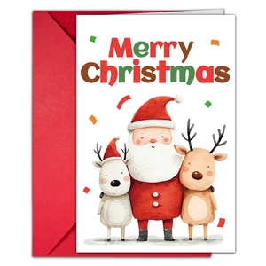 Detailed view of Merry Christmas card set with watercolor Santa and reindeer on white paper