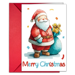 Carte de Noël à l'aquarelle disposée verticalement sur un fond d'enveloppe rouge