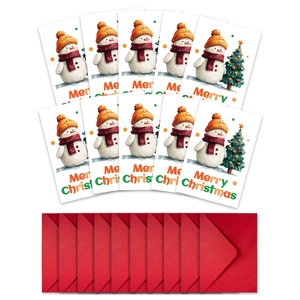 Close-up of 10 Christmas cards with cute watercolor snowmen and red envelopes set