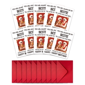 Detailed set of 10 funny birthday cards with bestie illustration and red envelopes