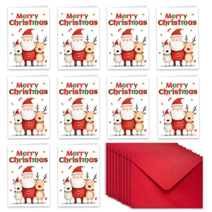 Christmas card set with Santa and reindeer watercolor design and 10 red envelopes
