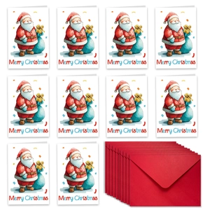 Lot de 10 cartes de Noël avec illustrations du Père Noël et enveloppes rouges