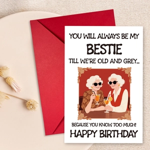 Detail of funny birthday card for bestie with two retro women and a red envelope