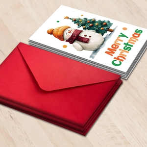 Close-up of watercolor snowman Christmas cards with red envelopes on wood background