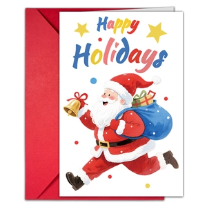 Detail of watercolor Santa Claus Christmas card with Happy Holidays text and red envelope