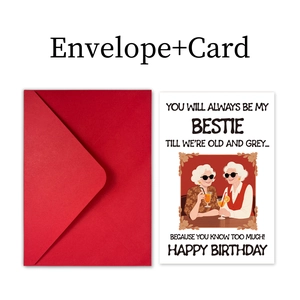 Detailed view of humor birthday card set with red envelope and funny elderly lady illustration