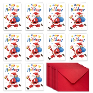 Detailed set of 10 Christmas cards with running Santa and matching red envelopes