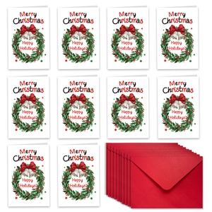 Lot de 10 cartes de Noël avec couronnes, cloches et enveloppes rouges assorties