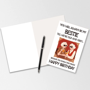 Macro detail of foldable birthday card for best friends with premium pen on grey background
