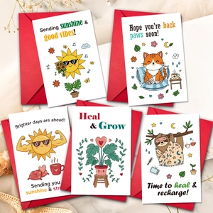 5-pack get well soon cards with hand-drawn cartoon illustrations and red envelopes