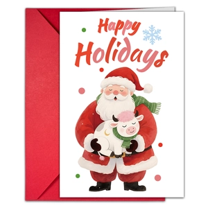 Close-up of Happy Holidays card featuring Santa and cartoon cow with a red envelope