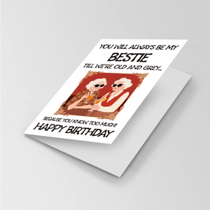 Close-up of a birthday card with vintage illustration and heartfelt message for best friends