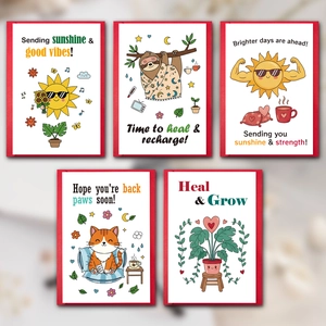 Set of five large recovery cards with cute cartoon illustrations and envelopes