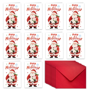 Detail view of 8 watercolor Santa Claus holiday cards with matching red envelopes for Christmas