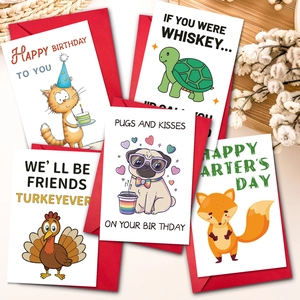 Lot de Cartes de Voeux Humoristiques en Dessin Animé Avec Enveloppes Rouges Jeux de Mots Animaux Drôles pour Anniversaire Cadeau