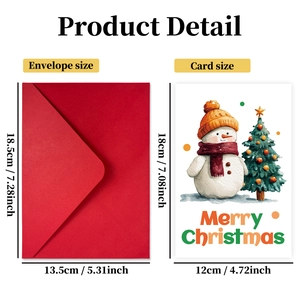 Detail view of a watercolor snowman Christmas card with a red envelope and size specs