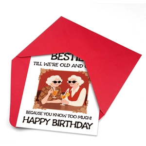 Detail of square birthday card with humorous bestie illustration and a red envelope