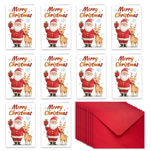 Vue à plat de cartes de Noël aquarelle avec Père Noël, rennes et enveloppes rouges