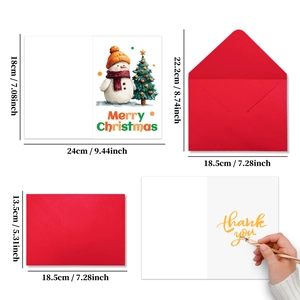 Detail view of snowman Christmas card set showing unfolded writing area and card dimensions