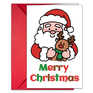 Detail of Christmas greeting card with cartoon Santa and matching red envelope