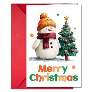 Detail of Christmas greeting card with watercolor snowman, tree, and red envelope set